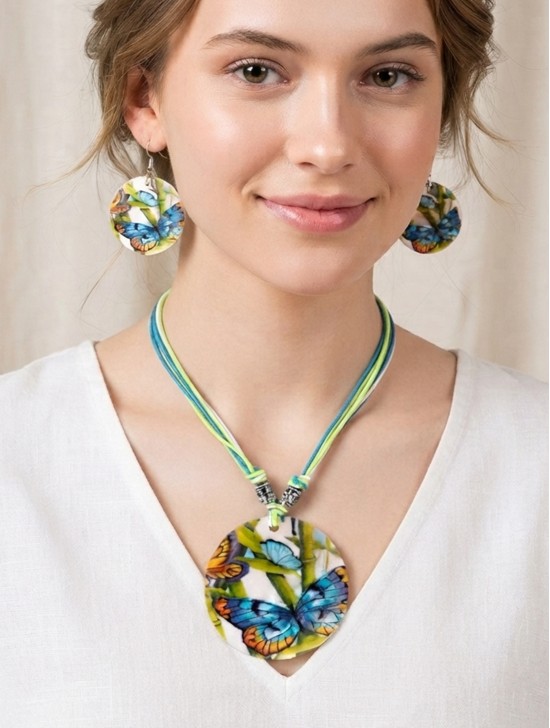 Fashion Butterfly Print Necklace and Earrings Set Fashion Butterfly Print Necklace and Earrings Set